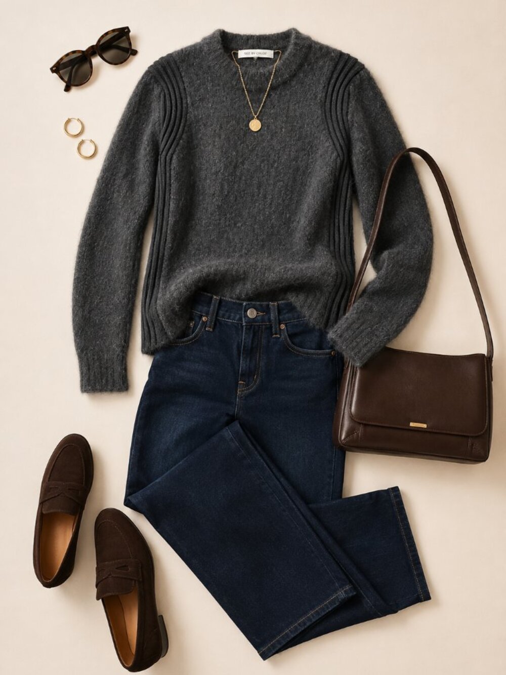 See by Chloé Mohair Wool Sweater US 4 Gray Fuzzy Ribbed Knit Pullover Designer